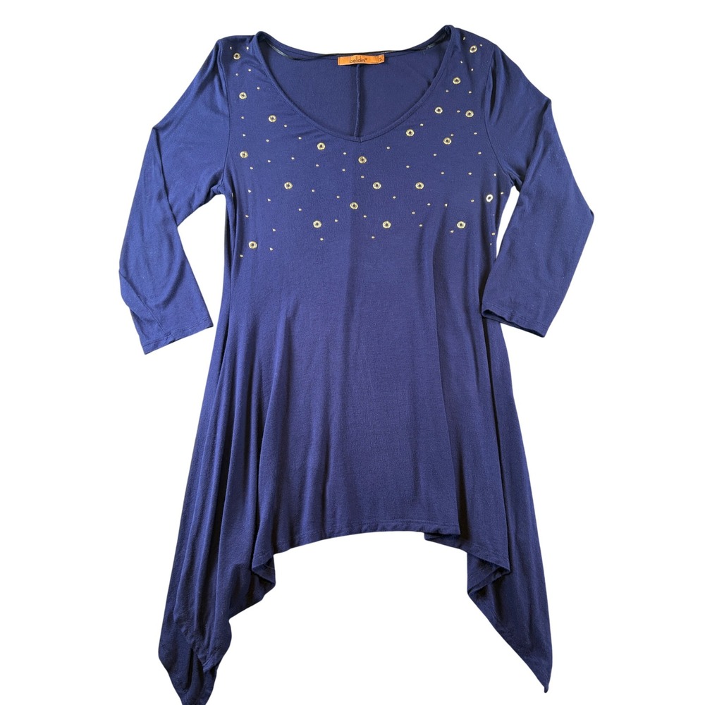 Belldini Navy Blue Sharkbite Tunic Top Gold Grommet Stud V-Neck 3/4 Sleeve Small